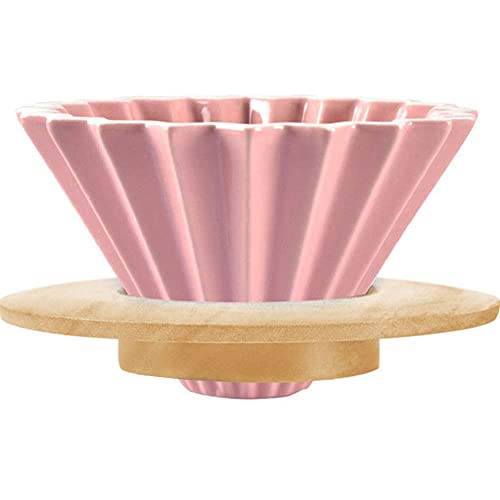 MOCOHANA Ceramic Coffee Dripper Pour Over Coffee Maker with Wood Stand Elegant Flower Shape V60 Filter for 1-2 Cups Slow Brewing Accessories for Home Cafe Restaurants Pink