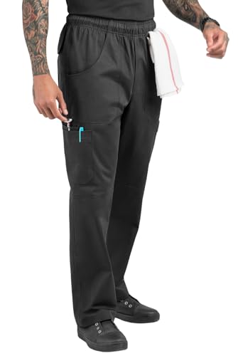 UA Chef Men's Black Chef Pants - 7 Pocket Utility, Kitchen Work Professional, Cargo Elastic Waist, Cotton Twill Baggy Restaurant Cook