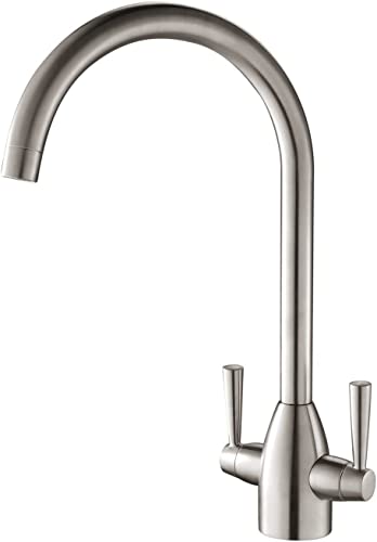 Hapilife Kitchen Tap Modern Design Monobloc Two Handle High Arc 360 Swivel Spout Mono Hot and Cold Water Sink Taps Mixers Faucet Brushed Nickel Hapi-T03N