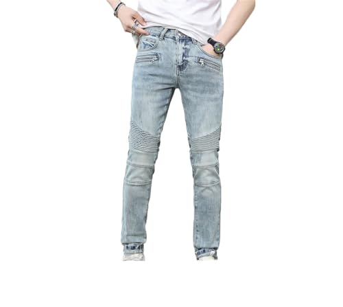 Men's Motorcycle Jeans Retro Street Pleated Slim Fit Patchwork Tappered Pants
