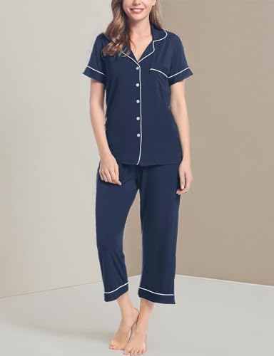 Image of Joyaria Bamboo Viscose Cooling Pajamas for Women Capri Button Front Pjs Set | Ideal for Night Sweats, Hot Sleeper Friendly, Breathable & Moisture Wicking, Short Sleeve Top