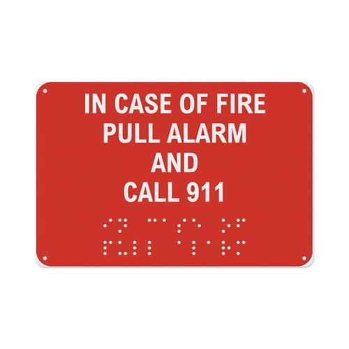 Fire Alarm Emergency Dial Notice Sign 8"x12, braille equipped metal plaque, public venue guide triggers alert device and contacts rescue personnel amid flame hazards