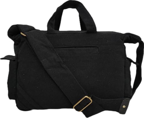 Image of ROUGH Canvas Cotton messenger bag.15'' Lap top. Large size 36x27x11 cm(12Ltr) Metal zipper closure. Allround pockets. Vintage look. Antique fittings.Sustainable