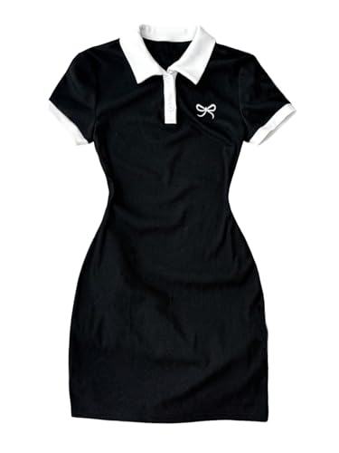 Girl's Embroidery Bowknot Mini Dresses Short Sleeve Collared Bodycon Pencil Dress