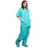 AMZ Medical Supply Disposable Scrub Set, Unisex Teal, XX-Large, Pack of 50, V-Neck Shirt with 2 Pockets & Drawstring Pants