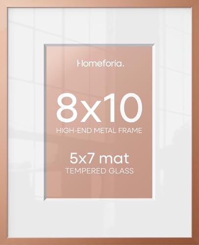 Image of Homeforia Rose Gold 8x10 Picture Frame, High End Metal 8 x 10 Poster Frames with Mat 5 by 7 Print, 10x8 Thin Frame Matted to 7x5 Photo, 8by10 Wall or Tabletop Frame, Tempered Glass, Wall Kit, Set of 2