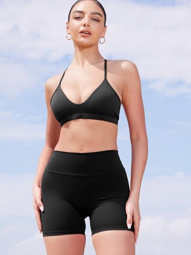 YEOREO Sports Bras for Women Strappy Padded Halter Ericie Open Back Light Impact Deep V Neck Yoga Workout Gym Tops4