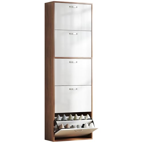 HOMCOM Armoire à Chaussures Meuble à Chaussures Design Contemporain 5 Portes abattantes Bicolore Blanc Marron foncé Imitation Bois