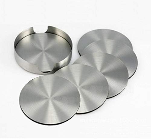 Nicedec Set of 6 Stainless Steel Drink Coasters with Rubber Back, 4 inch Large Size Wine Coasters plus A Stainless Steel Holder