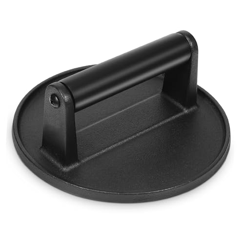 ABOOFAN Cast Iron Round Burger Press Heavy Duty Meat Smasher with Comfortable Handle for Griddle Cooking and Uniform Pressure Distribution for Pressed Patties