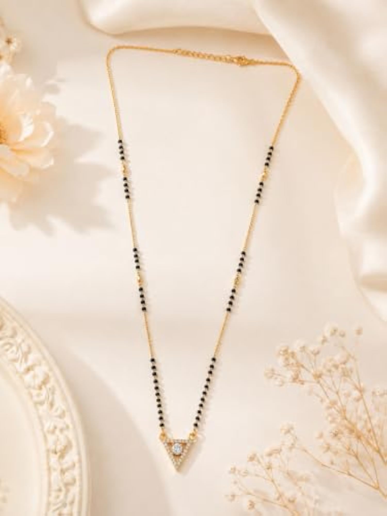 Women's Gold-Tone Triangular Crystal Black Bead Mangalsutra