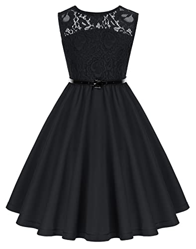 Kate Kasin Vintage Robes sans Manches Enfant Filles Princesses de Bal Soirée avec Ceinture Couleur Unie Noir -1 10-12 Ans Cover