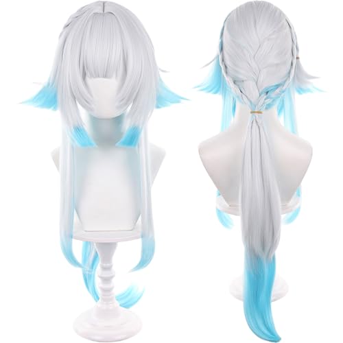 Image of Anime White Gradient Blue Wigs with Bangs Women Long Straight Wig with Braids and Ponytail Cery Adult COS Game Empress Wigs Halloween,Christmas,Comic con,Game Show,Party
