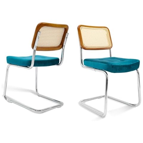 FKLUG Rattan Dining Chair Set of 2,Modern Accent Chair,2 PCS Velvet Upholstered Armless Mesh Back Cane Chairs with Metal Chrome Base for Home,Kitchen,Dining Room,Waiting Room,Walnut Green Cover