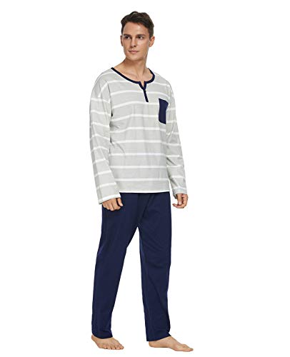 GOSO Mens Pamajams Set-100% Cotton Pajamas for Men Lightweight Striped Round Neck Long Sleeve Pjs Set Lounge Sleepwear3