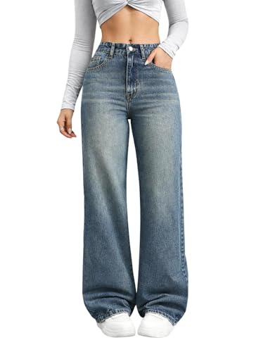 Image of DEELMO Women's Wide Leg Denim Jeans High Rise Loose Fit | Stretchy Casual Straight Pants Trendy | Comfortable Everyday Fashion Jeans for Women