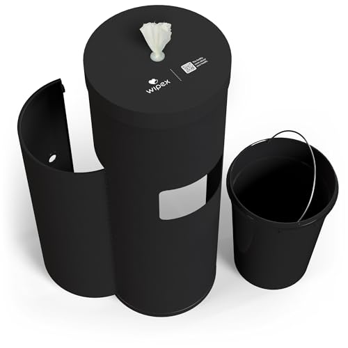 Image of Wipex Matte Black Wet Wipe Dispenser with Trash Bin: Durable Steel & Premium Silicone Port, Floor Stand for Gym Wipes - Fits Sanitizing Refill Rolls, Perfect for Schools, Fitness, & Public Facilities