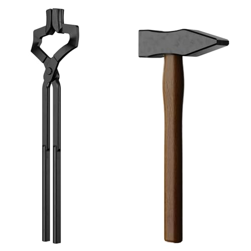 Image of 2PCS Z V-Bit Blacksmith Tongs & Hammer Set for Knife Making, Heavy Duty Forging Tongs and Blacksmithing Hammer Kit for Bladesmith Anvil Tools