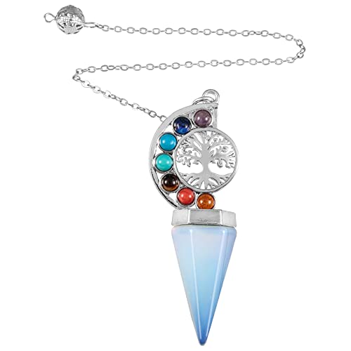 Nupuyai Péndulo de piedra de cristal de opalita de 7 chakras para adivinación Scrying Dowsing, péndulo de piedra curativa de árbol de la vida con cadena Cover