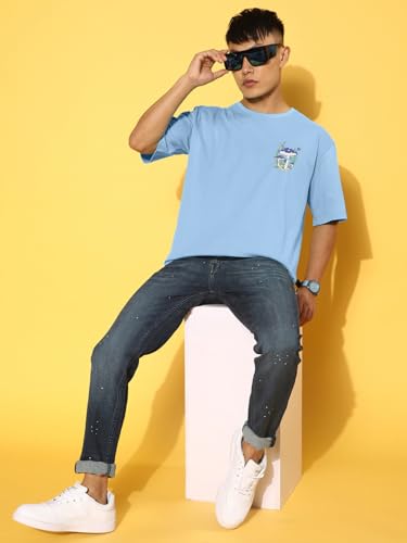 Image of Veirdo Pure Cotton Oversized Baggy Fit Drop Shoulder Stylish and Graphic Printed Round Neck Half Sleeves T-Shirt for Men (Available Color Options: Black, Green, Royal Blue, Lilac & Sky Blue)