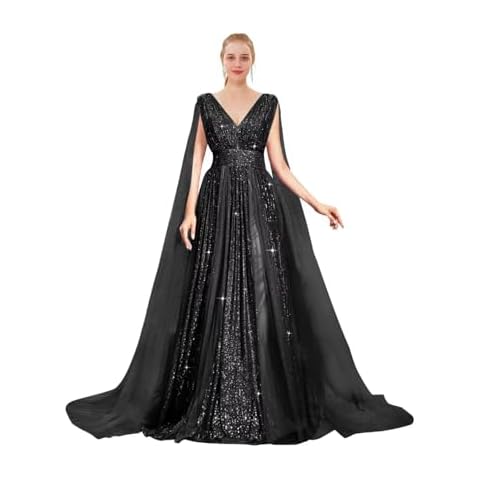 Sequin Prom Dresses with Cape Ball Gowns Tulle V Neck Formal Evening Dresses Sparkly Wedding Party Dress Size 16, Black Cover