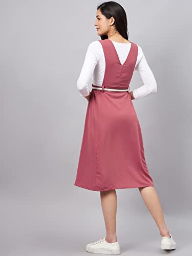 Image of WineRed Women Soild Pinafore Dress with Button