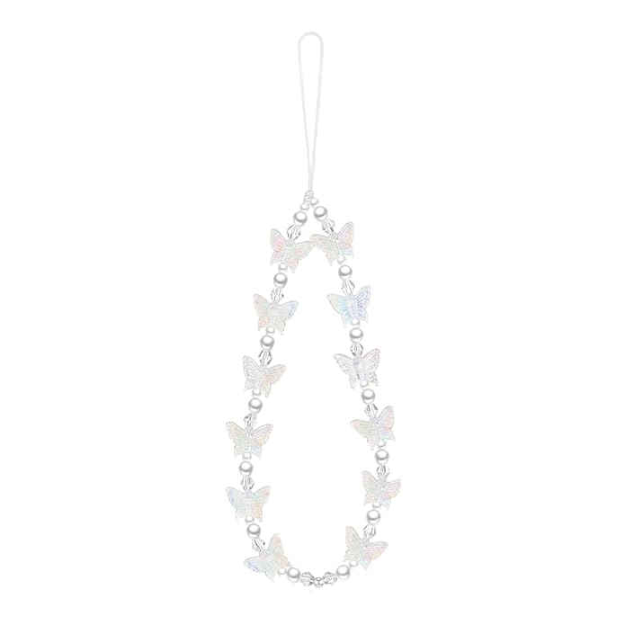 Iridescent Butterfly Phone Charm Pearl Beaded Mobile Strap White | Adds a stylish decorative touch to phones, tablets, cameras, keychains, bags-image-6