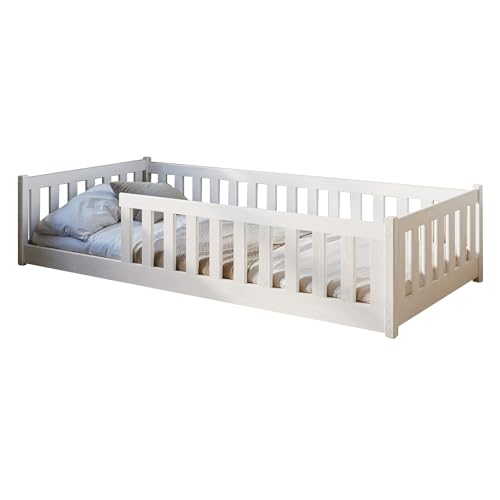 Kids Collective Cama Infantil, Cama de Suelo 90x190 cm, con protección anticaídas y somier, Cama Montessori, Cuna, Infantil Juvenil, Individual | Blanco