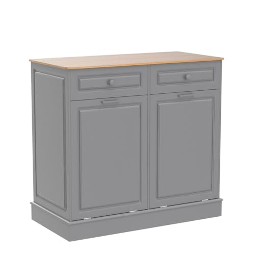 Anbuy Double Kitchen Trash Cabinets Dual Tilt Out Trash Cabinet with Two Solid Wood Hideaway Trash Holder Drawers, Free Standing Recycling Cabinet Trash Can Holder (Dual Gray)