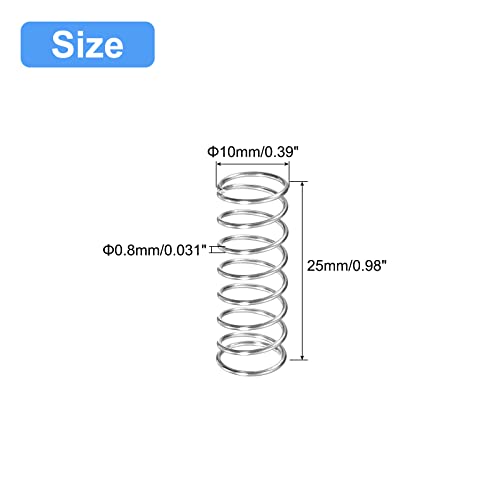 Image of uxcell Compression Spring, 5Pcs 304 Stainless Steel, 10mm OD, 0.8mm Wire Size, 25mm Free Length, Silver Tone