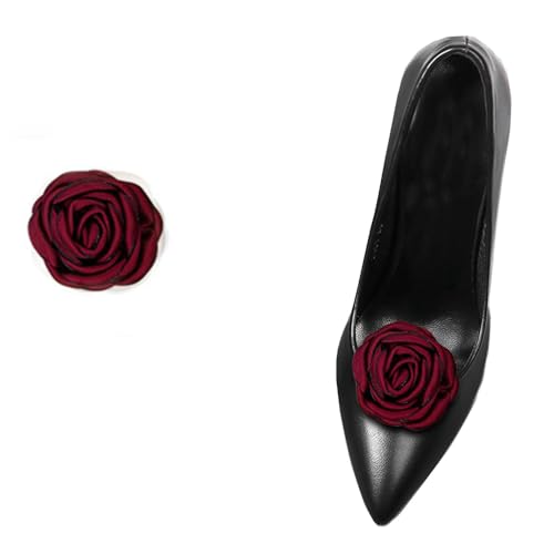 Detachable Rose Flower Shoe Buckle Ladies Camellia Shoe Flower Satin Fabric Fashion Shoe Buckle Accessory Decorative Buckle (Claret)