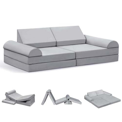 Skypatio Kids Play Couch, 8PCS Modular Kids Toddler Play Couch for Playroom Bedroom, Kid Foam Sofa Nugget Couchs Play Set for Boys and Girls, Gray