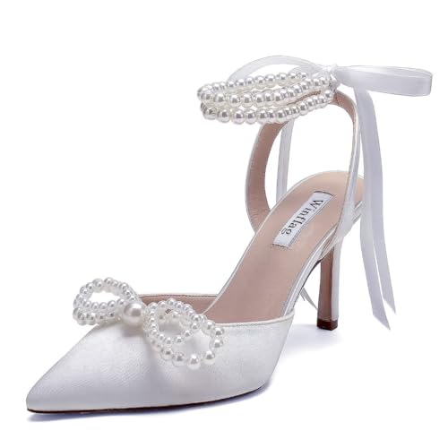 Image of Pearl Wedding Shoes for Bride High Heel Bridal Shoes Closed Toe Wedding Heels