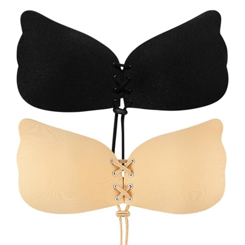 TUONYIS 2 Piezas Sujetador Invisible Adhesivos Push Up Sujetador Espalda Descubierta, Reutilizable, para Vestidos sin Espalda (FR/ES, Letras, Talla única, Regular, Regular, Beige, Negro)