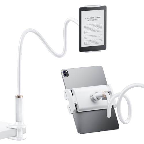 FlyCoco Support de tablette col de cygne avec bras long flexible pour lit, compatible avec iPad Pro Air/iPhone/Kindle Fire/Switch ou autres appareils de 4 à 13', blanc