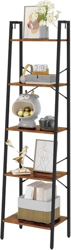 Image of Hzuaneri 5-Tier Ladder Shelf, Bookshelf Bookcase, Freestanding Corner Storage Shelves with 2 Hooks for Home Office, Living Room, Kitchen, Bedroom, Industrial, Rustic Brown and Black BC19201B