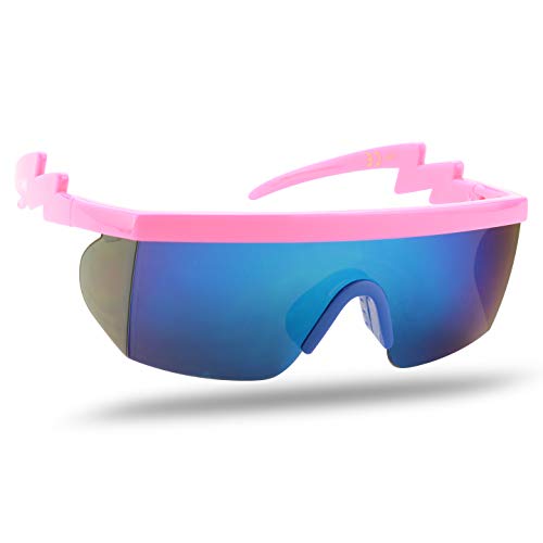 Image of ShadyVEU Semi Rimless Neon Rainbow Sunglasses Mirrored Lens UV Protection 80s Retro Rave Shades Crooked ZigZag Bolt Arm