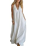 Vestidos largos y fluidos para mujer, de algodón, lino, cuello en V, sin mangas, para verano, playa, casual, maxi para vacaciones, blanco, S