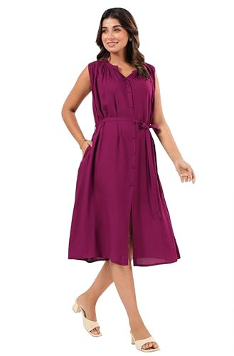Image of Janasya Women's Rayon Solid A-line Dress