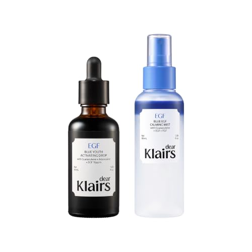 DearKlairs Blue EGF Calming Cooling Duo - EGF Serum and Cooling Face Mist Set, EGF & Guaiazulene Recovery Kit for Sensitive Skin