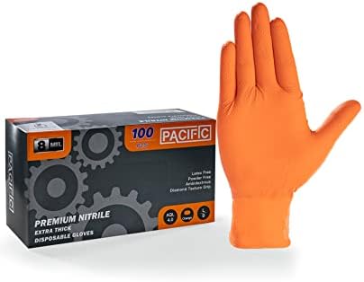 PACIFIC PPE Nitrile Disposable Gloves, Extra Strength Latex & Powder Free, 8 mils, Industrial Mechanic Gloves, Heavy Duty Orange Gloves, Diamond Textured, Large, 100 Count