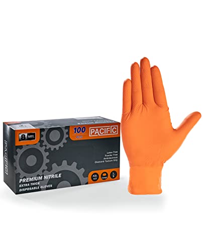 Pacific Ppe Nitrile Disposable Gloves, Extra Strength Latex & Powder Free, 8 Mils, Industrial Mechanic Gloves, Heavy Duty Orange Gloves, Diamond Textured, Large, 100 Count #TOP26
