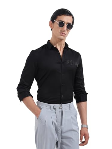 Chemise pour homme noire ajustée XL à col découpé et manches complètes