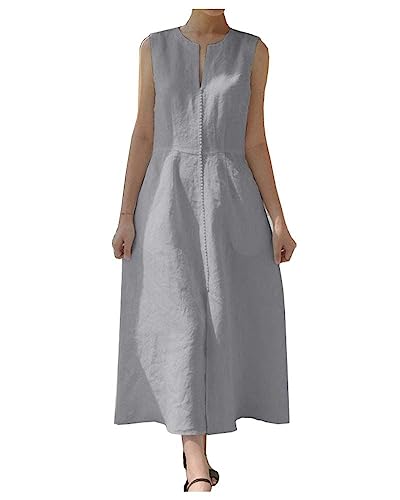 Image of Ladyful Women's Sleeveless Cotton Linen Midi Dress V Neck A Line Tank Dress