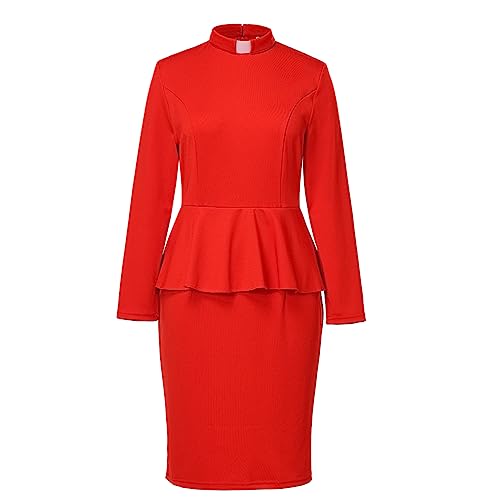 Image of FAD-4U Church Clergy Dress for Women Minister Long Sleeve Ruffle Slim Pencil Dress with Tab Insert Stand Collar
