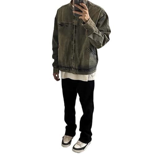 Men's Banded Collar Denim Jacket Distressed Moto Button Down Denim Shirt Full Zip Long Sleeve Winter Jacket4