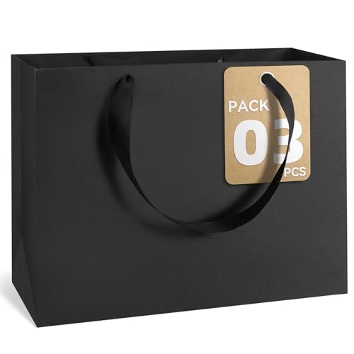 GEGIBOA Extra Large Gift Bags With Handles 15x6x12 Inch Sturdy Kraft Paper Large Gift Bags Bulk for Wedding Party Birthday Easter Fathers Day Business and Shopping (Black-XL-3-pcs)