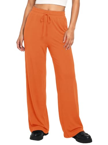 EXCHIC Damen Freizeit Elastische Gerades Bein Hose Lounge Mittel Taille Weite Yoga Hosen mit Taschen(XXL, Orange)
