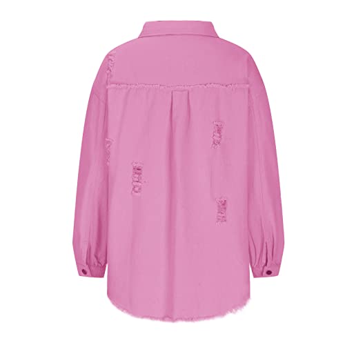 Jeborah Jackets For Women Spring Fall Casual Ripped Solid Color Denim Coats Ladies Long Sleeve Classic Outerwear Jackets(Medium, Pink) #TOP4