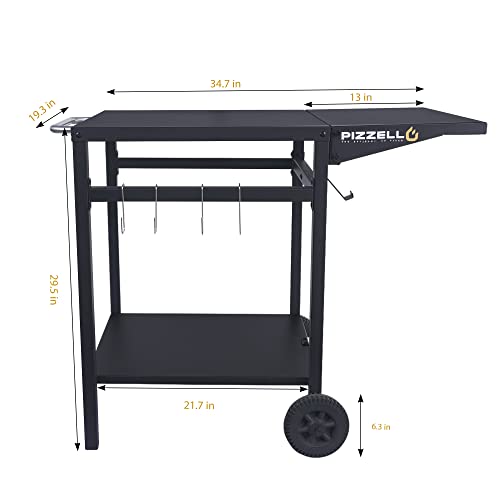 Pizzello Outdoor Grill Carts Double-Shelf Pizza Oven Trolley Movable Kitchen Island Foldable Countertop Outdoor Worktable Bar Cart with 2 Wheels
